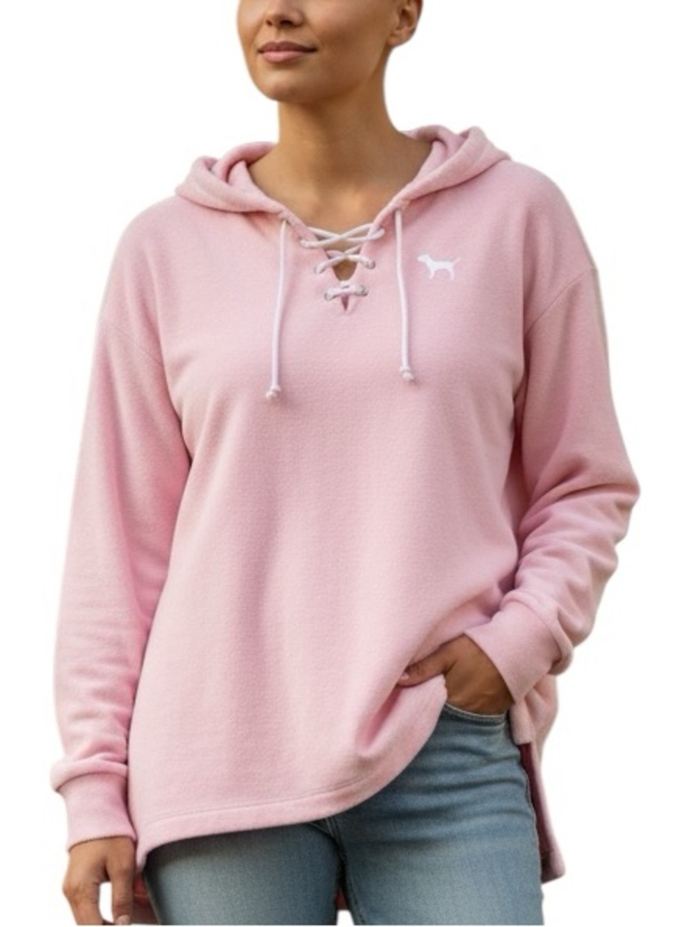 VICTORIA’S SECRET PINK: Hooded Lace Up Pullover Terry Sweatshirt - Size Medium